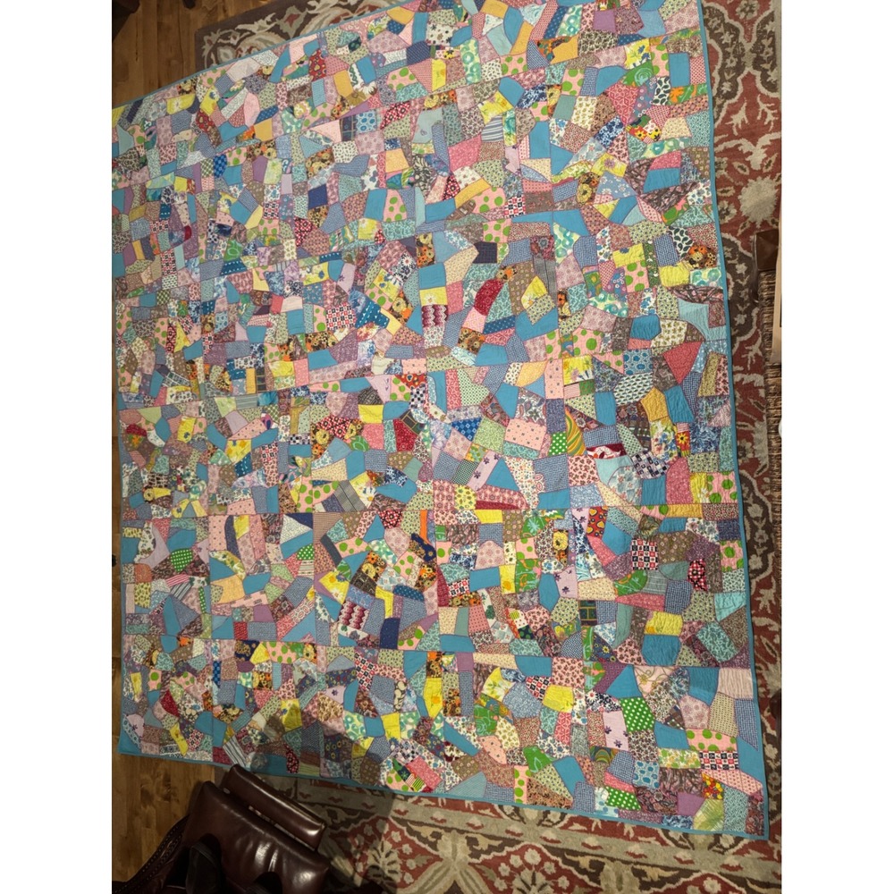Vtg 1930/40s Feedsack Crazy Patch Quilt Hand Pieced & Quilted 99 X 114‎ inches